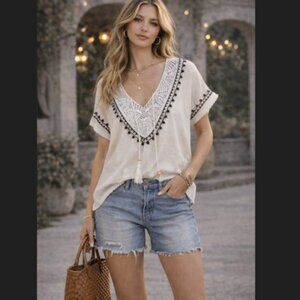 Colette Collection White Lace Peasant Top Womens M Sheer Blouse Boho Western NWT